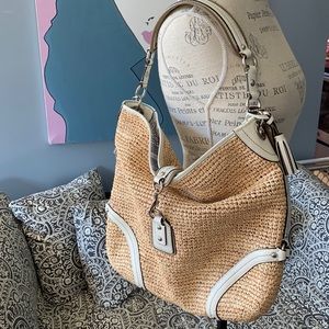 COACH White Leather and Straw Dog LeashHobo Bag- NWT